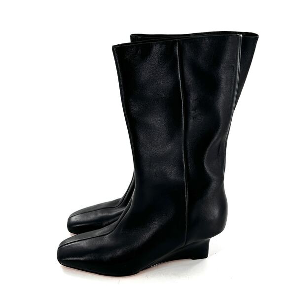Vince Beverly Leather Wedge Boots 6 Black NWOT Mid Calf Booties Academia Career - Picture 7 of 12